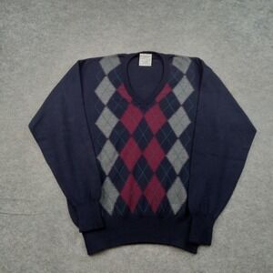 Glenfield Sweater Mens Large‎ Blue Argyle V Neck Pullover Made In Italy